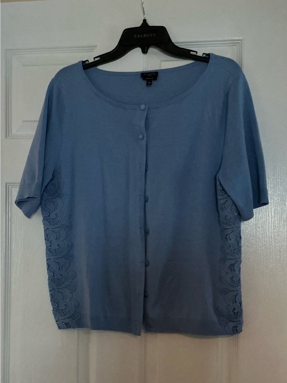Talbots Light Blue Short-Sleeve Button Cardigan with Lace Panels